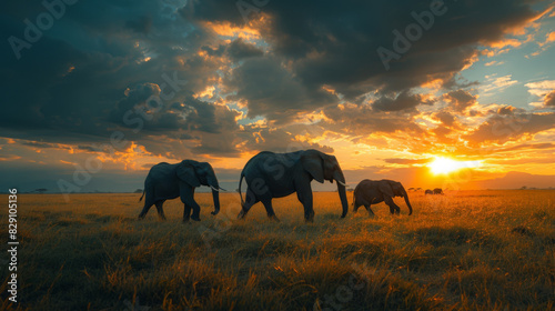 A serene sunset view of an elephant family calmly walking through the savannah.