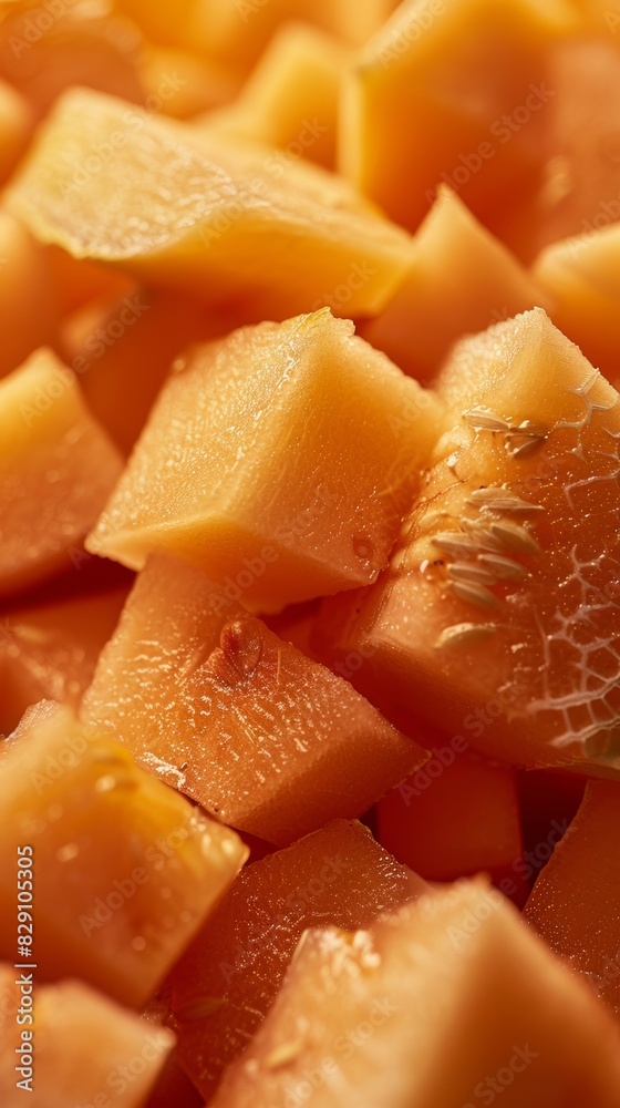 Cantaloupe fruit close-up. Pieces of cantaloupe. Cantaloupe fruit close-up. Pieces of cantaloupe.