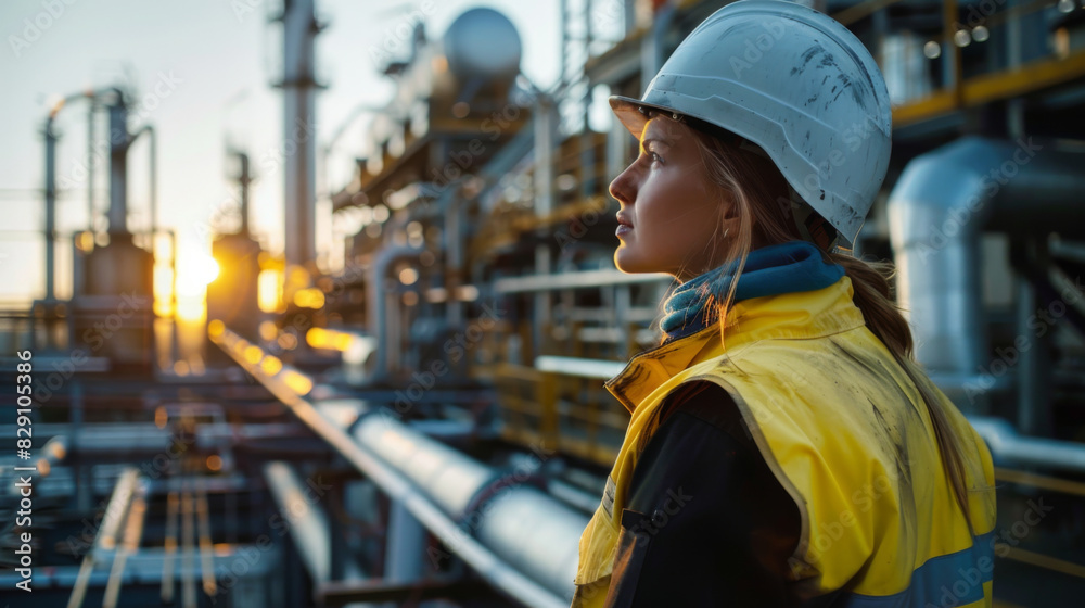 Young female engineer in safety gear observes operations at a sprawling oil refinery during sunset.