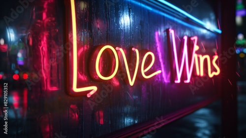 Vibrant Hyperrealistic Rainbow Neon Sign "Love Wins" Illuminated in Dark with High Contrast, Photorealism © Tanayut