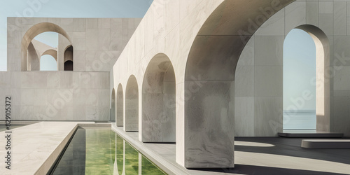 Edificio architettonico in marmo bianco stile minimale brutalista con arcate su sfondo desolato fotografico	 photo