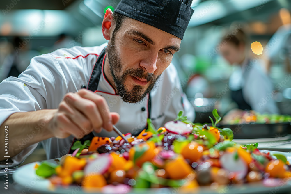 A chef designing a gourmet dish using only local ingredients. Concept of culinary creativity. Generative Ai. A chef designing a gourmet dish using only local ingredients. Concept of culinary creativity. Generative Ai.