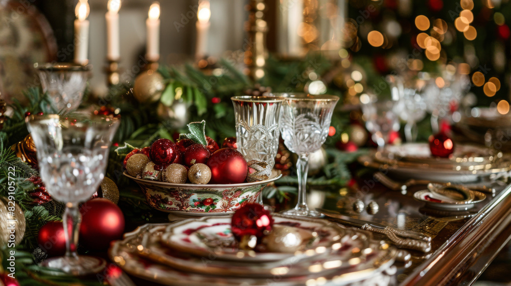Close-up of a luxurious holiday table with crystal glassware and rich Christmas decorations.