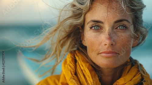 Close-up portrait of a woman with blonde hair and blue eyes wearing a yellow jacket on a windy beach photo