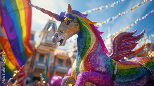Vibrant Pride-Themed Parade Float in Hyperrealistic Detail, High Quality Photorealism with Intricate Decorations and Sharp Focus, Canon EOS K5 85mm