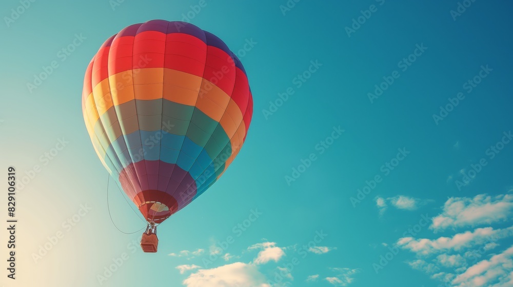 Fototapeta premium Vibrant Rainbow-Colored Hot Air Balloon: Hyperrealistic Photorealism in Clear Sky, Canon EOS K5 85mm Detail