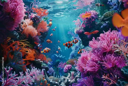 An underwater world filled with colorful coral reef and diverse fish species swimming amongst the vibrant marine ecosystem