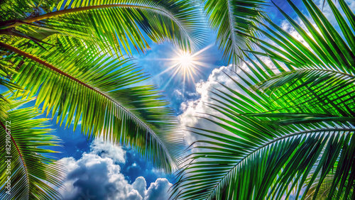 Palm leaves with blue sky, clouds, and sunlight background, A serene and tropical scene. Generative ai