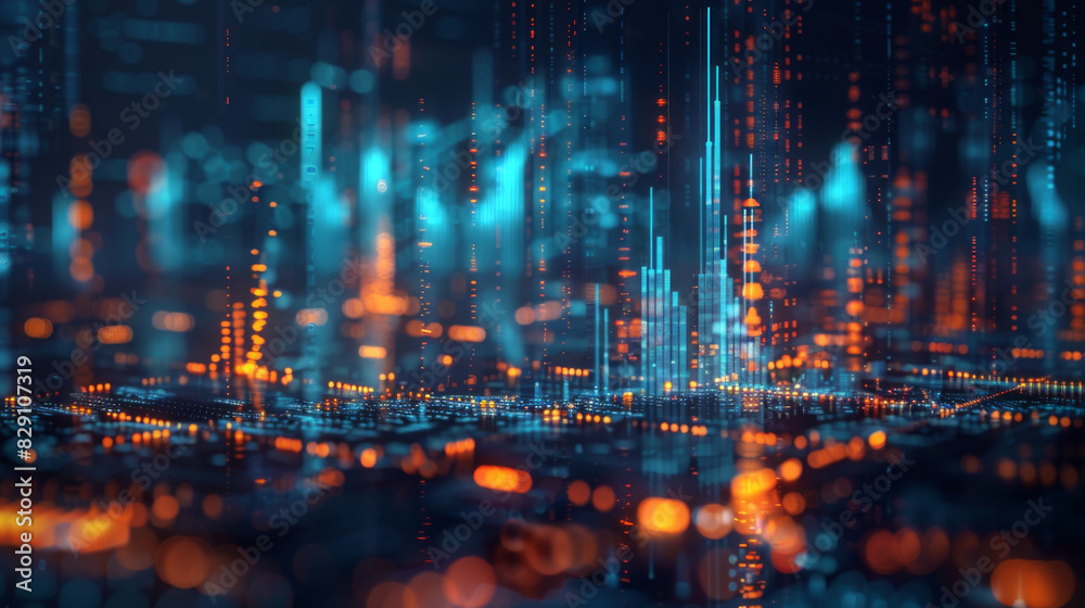 Vibrant abstract view of city lights and urban skyline in the night, portraying a busy metropolis. Vibrant abstract view of city lights and urban skyline in the night, portraying a busy metropolis.