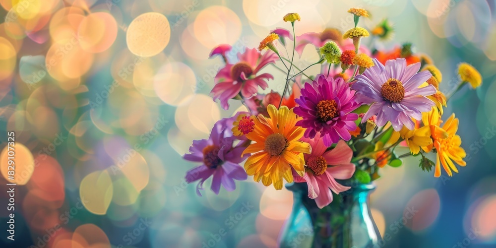 Lively floral arrangement in vase, colorful bokeh