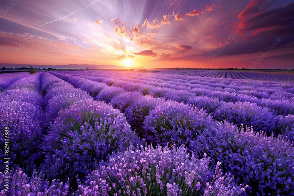 Lavender flowers in a field as the sun sets in the background