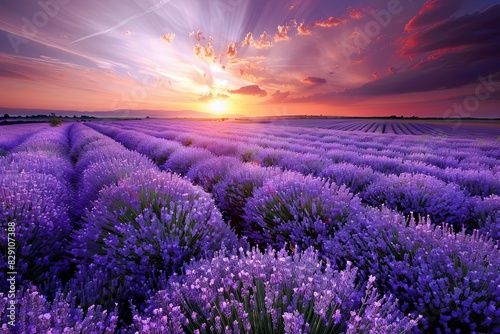 Lavender flowers in a field as the sun sets in the background