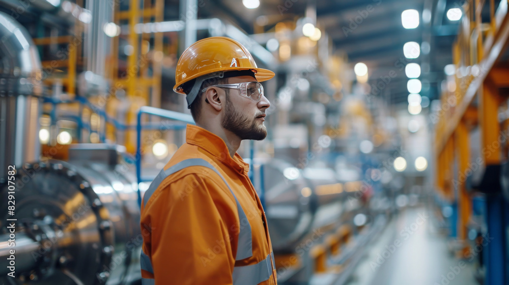 Young male factory worker wearing protective gear, deeply focused on machinery in an industrial setting. Young male factory worker wearing protective gear, deeply focused on machinery in an industrial setting.