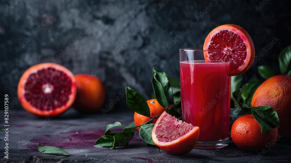 Blood orange and juice displayed against a dark backdrop Blood orange and juice displayed against a dark backdrop