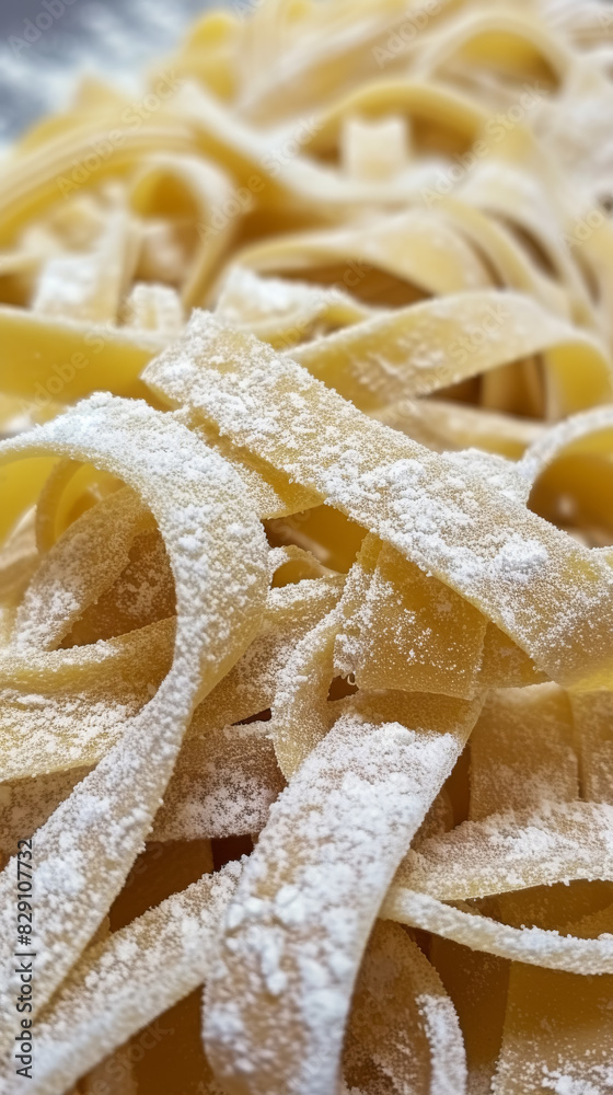 Close-up of raw fettuccine pasta dusted with flour Close-up of raw fettuccine pasta dusted with flour