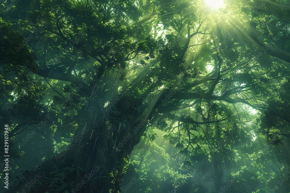Sunlight filtering through the dense canopy of towering trees in an ancient forest