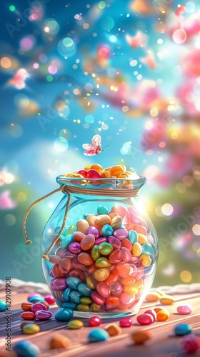 A closeup of a glass jar filled with multicolored grains, with ample copyspace for a banner above