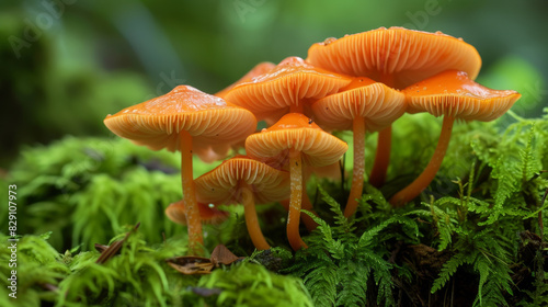 Cluster of orange mushrooms growing on moss in a forest
