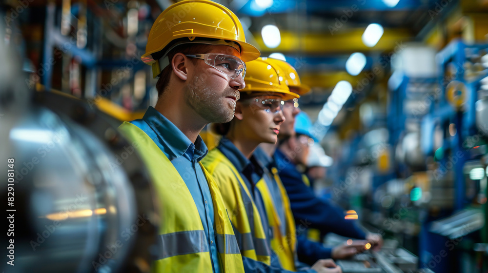 Group of industrial workers with yellow hard hats and protective gear monitor machinery in a factory setting. Group of industrial workers with yellow hard hats and protective gear monitor machinery in a factory setting.