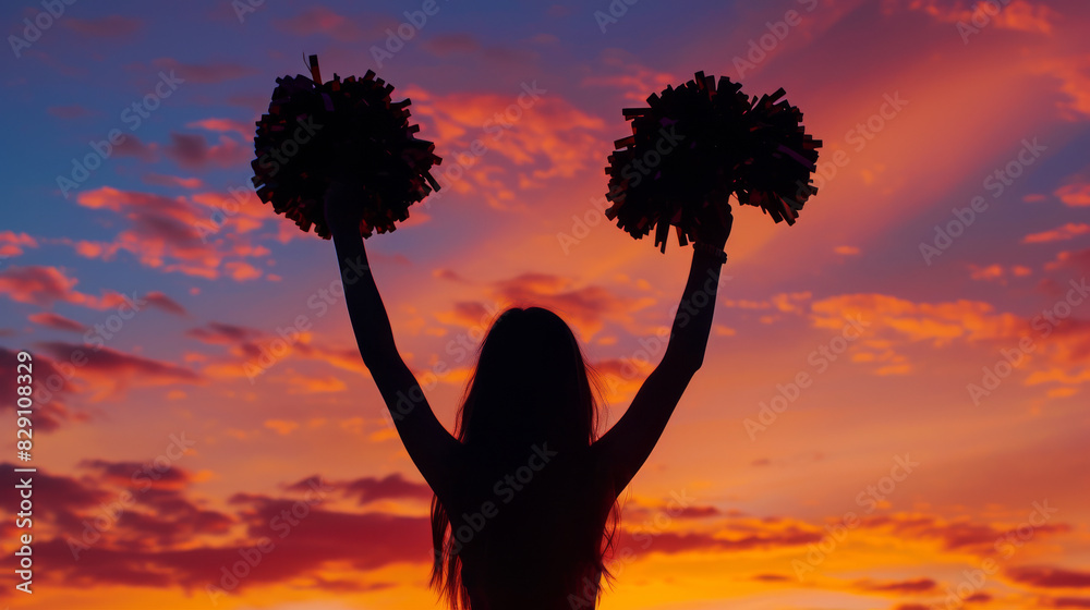 Silhouette of a cheerleader with pom-poms against a vibrant sunset sky