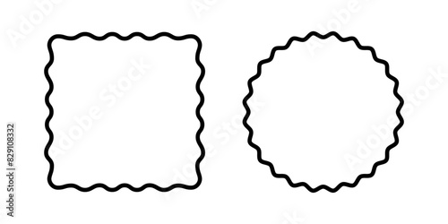 Rectangular and round shapes with undulated borders. Square and circle frames with wavy edges. Empty frilly text boxes, tags or labels isolated on white background. Vector graphic illustration.