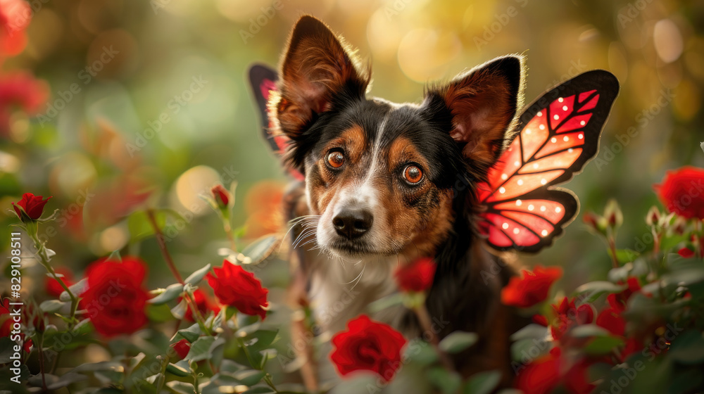A dog wearing butterfly wings on its head A dog wearing butterfly wings on its head