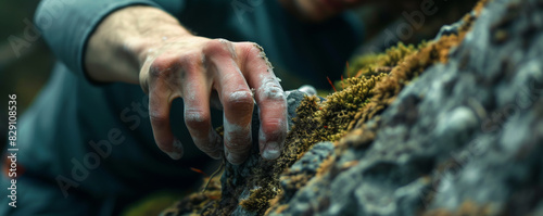 Climber's hand gripping a mossy rock face during ascent photo