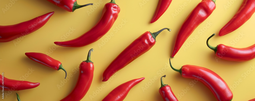 Red chili peppers on a yellow background Red chili peppers on a yellow background