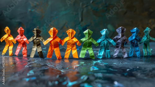 Colorful origami paper people holding hands in unity