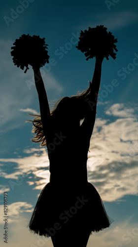 Silhouette of cheerleader raising pom-poms against sunset sky