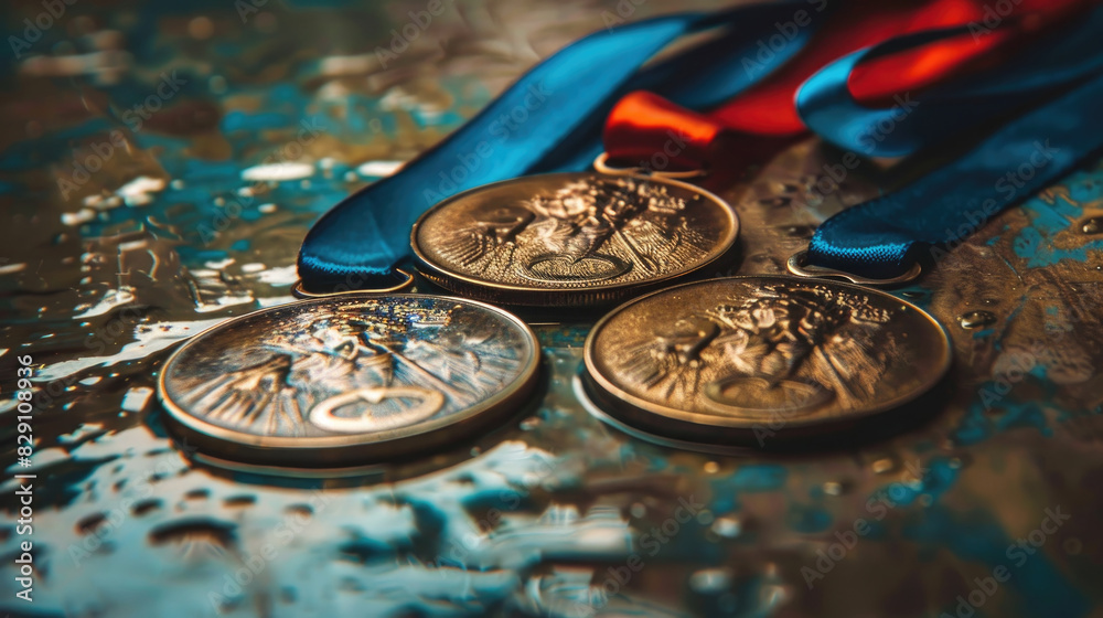 Three shiny medals are placed neatly on top of a wooden table, reflecting the light with their intricate designs Three shiny medals are placed neatly on top of a wooden table, reflecting the light with their intricate designs