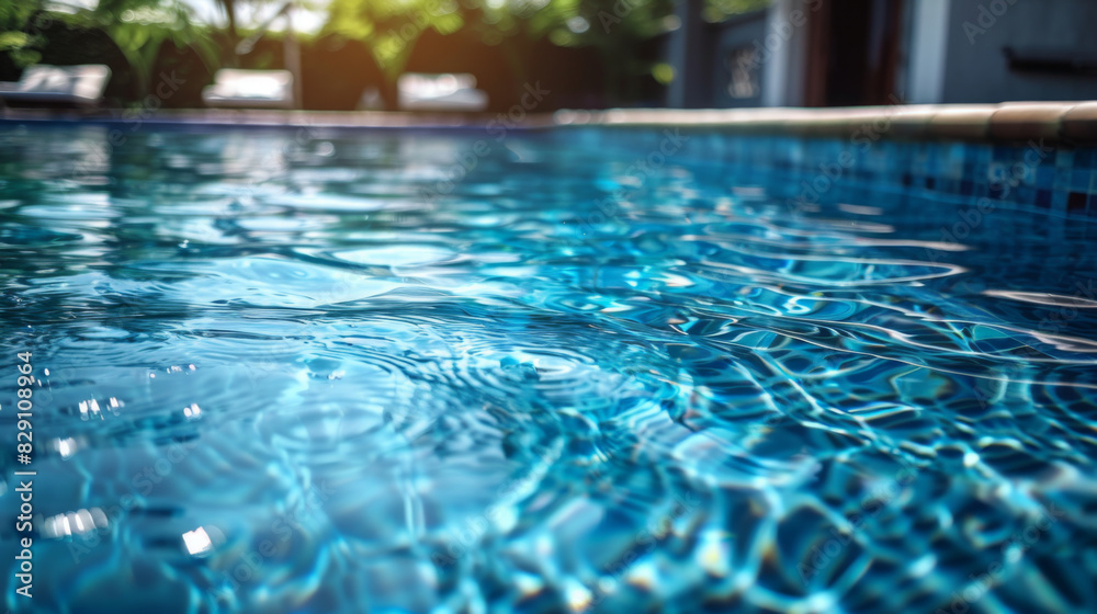 Detailed close-up of a swimming pool's shimmering blue water surface with reflections of sunlight.
