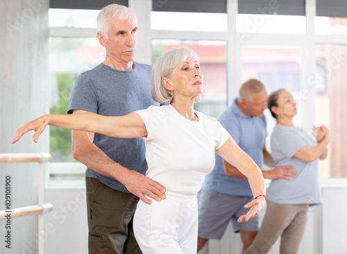 Elderly pairs dancers exercising various ballet moves during training with group of sporty people in light training room