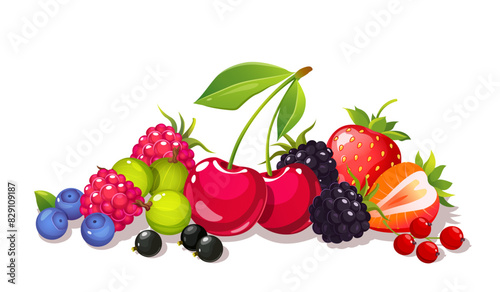 Colorful cartoon summer berries collection includes blackberry, blueberry, cherry, cranberry, currant,gooseberry,raspberry and strawberry
