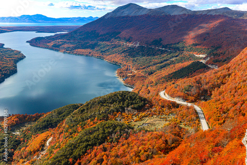 Aerial view of Escondido Lake in Autumn season, Tierra del Fuego Patatonia