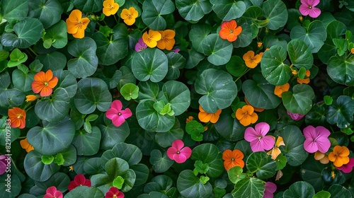 Aerial View of Blooming Tigirdia, Tropaeolum Majus, Viola Tricolor, and Vinca Difformis