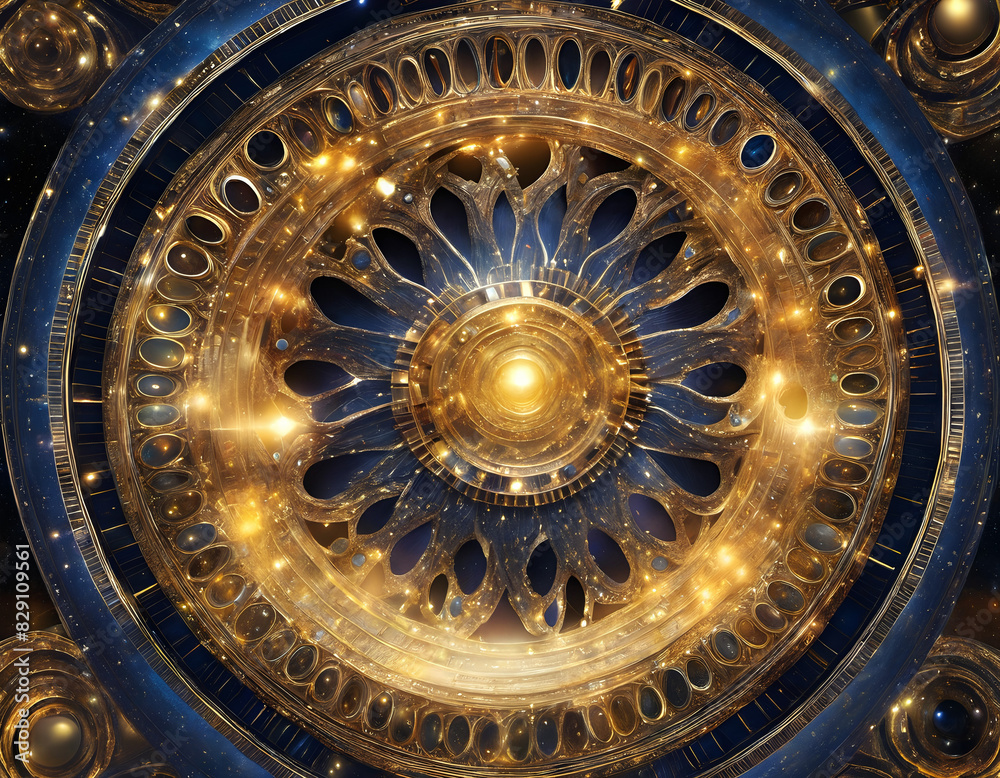 Fototapeta premium Intricate Golden Cosmic Mandala Design with Celestial Elements