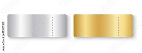 Silver and gold empty tickets mockups. Raffle, win lottery, coupon offer, jackpot lotto metallic surface. Cards for entrance or seating in exclusive luxury style. Vector realistic illustration.