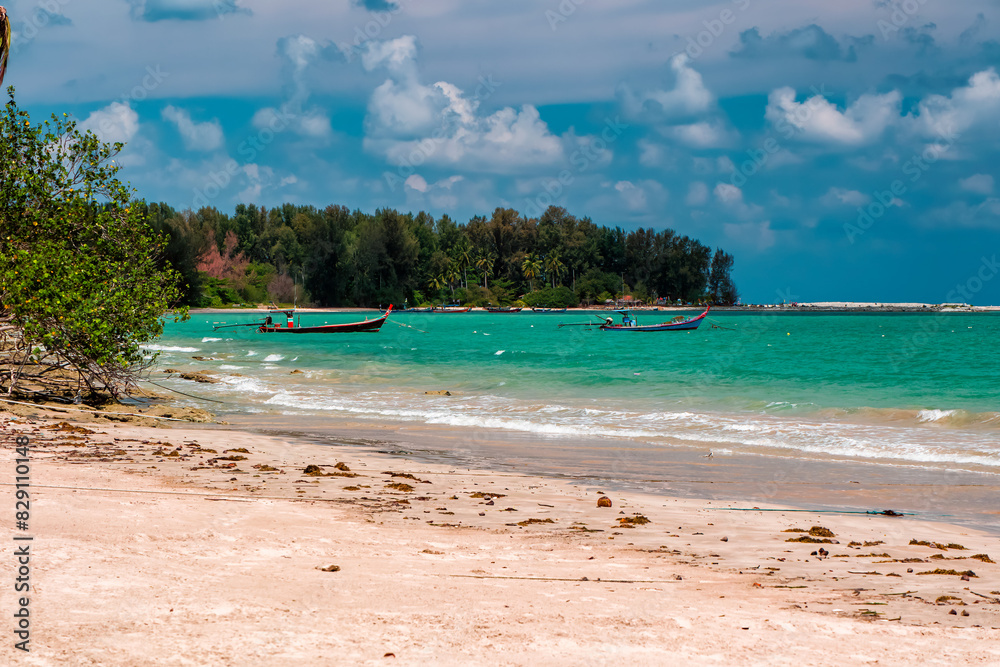 Thai longtail boats and a palm tree lined tropical beach