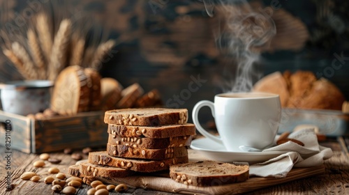 Tasty morning meal with steaming fresh coffee and wholegrain bread on wooden backdrop photo