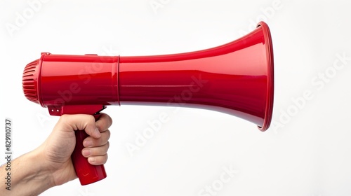 Hand holding a red megaphone against plain white background