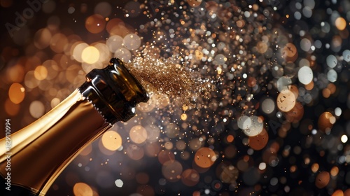 Champagne bottle popping with golden glitter and bokeh lights