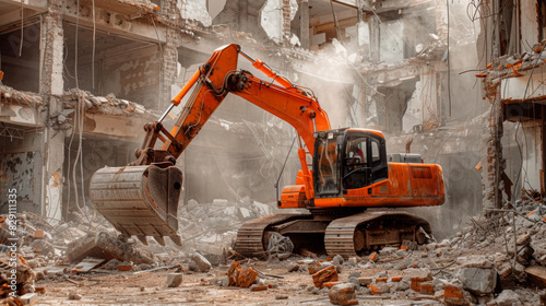 An orange excavator in action, tearing down an old building structure amidst dust and rubble. photo