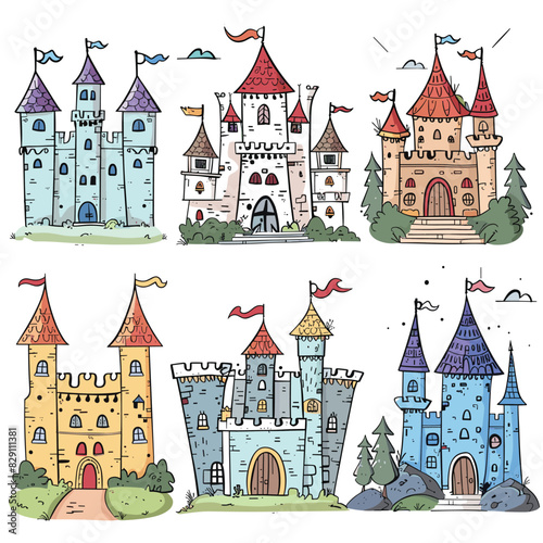 Collection fairy tale castles, colorful cartoon style. Handdrawn medieval fantasy fortresses, various designs. Majestic castles, blue, yellow red roofs, flags, isolated white background