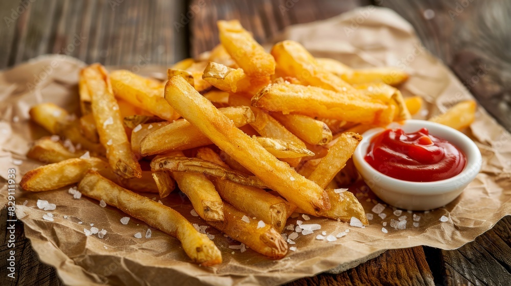 Crispy french fries with ketchup on rustic paper