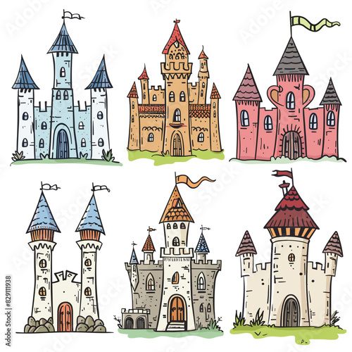 Handdrawn fairytale castles collection, colorful whimsical designs ideal childrens book illustrations, castle unique towers, flags, gates, set against white background. Storybook medieval