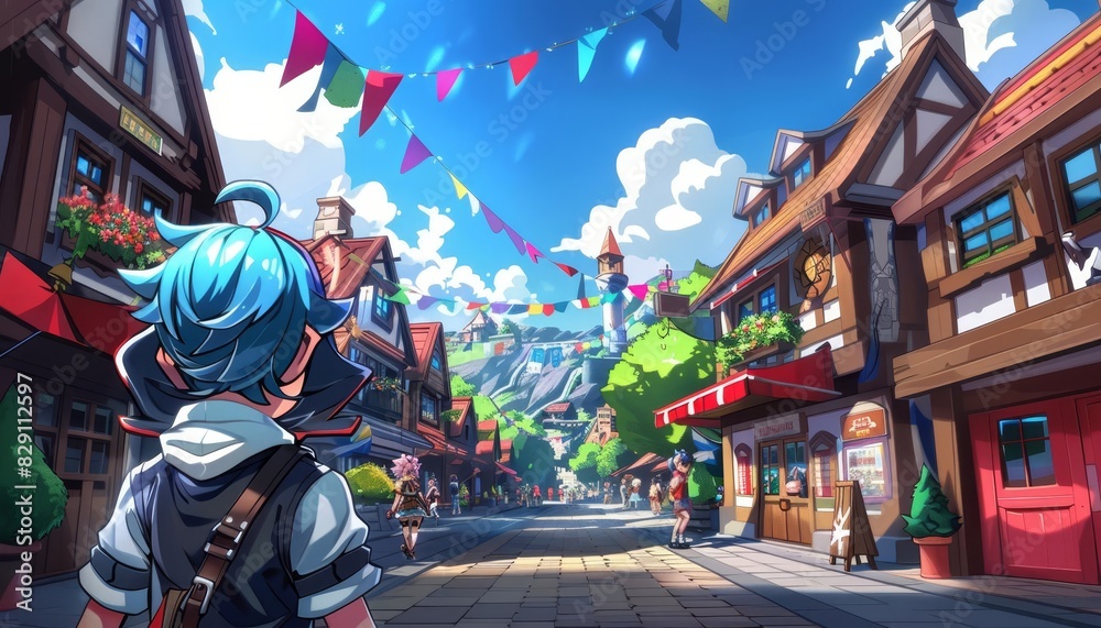 A crossroads in a small town during a festival, decorated with flags and lights, bustling with people A crossroads in a small town during a festival, decorated with flags and lights, bustling with people