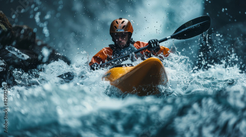 Extreme kayaker in orange gear paddling through rough rapids in a wild river, showcasing adventure and action.