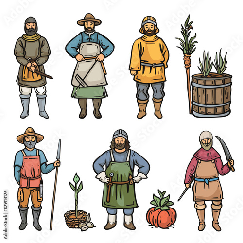 Medieval characters various professions activities. Top left soldier armor sword, top center blacksmith apron hammer, right farmer holding sheaf wheat next barrel plants. Bottom left presents