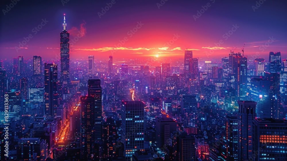 Fototapeta premium A bustling cityscape at night with towering skyscrapers and neon lights, all in a noir color palette, depicting a business executive saving time with innovative technology